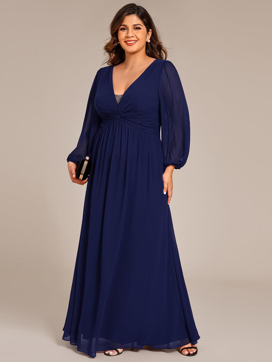 Robe de soirée formelle en mousseline de soie à manches longues et coupe trapèze grande taille #Couleur_Bleu Marine