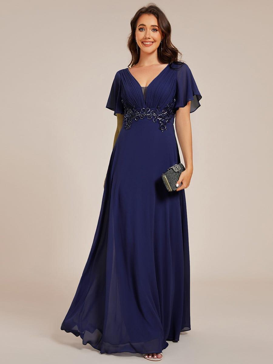 Robe de soirée longue plissée élégante à col en V profond #Couleur_Bleu Marine