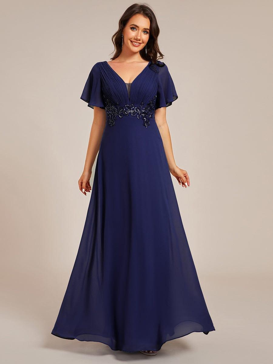 Robe de soir¨¦e longue ¨¤ col en V et appliques ¨¤ la taille grande taille #Couleur_Bleu Marine