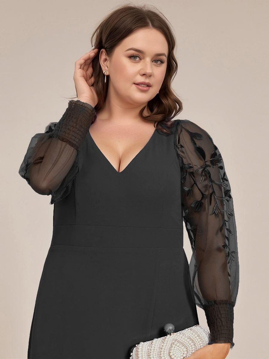 Robe de soirée en mousseline de soie brodée à manches longues grande taille #Couleur_Noir