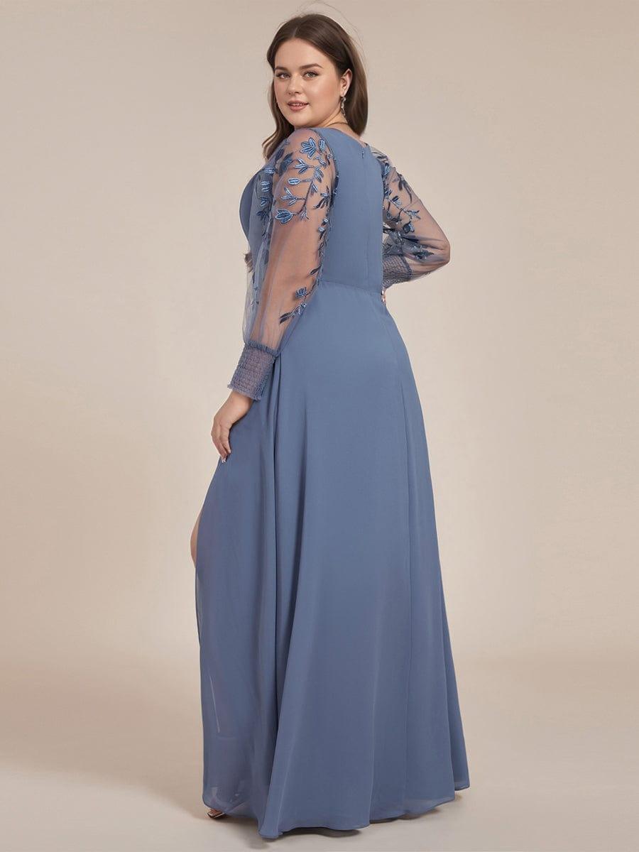Robe de soirée en mousseline de soie brodée à manches longues grande taille #Couleur_Marine Fume