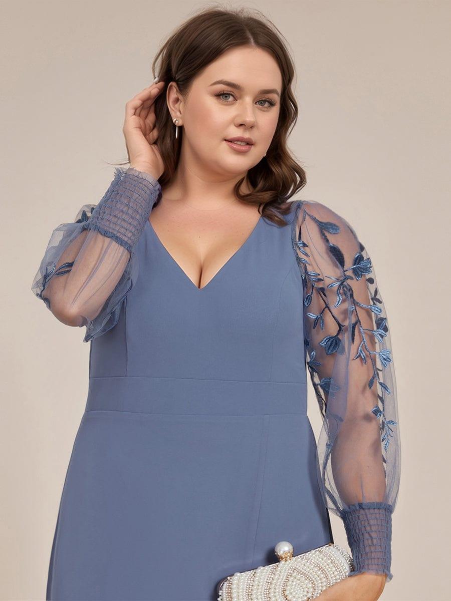 Robe de soirée en mousseline de soie brodée à manches longues grande taille #Couleur_Marine Fume