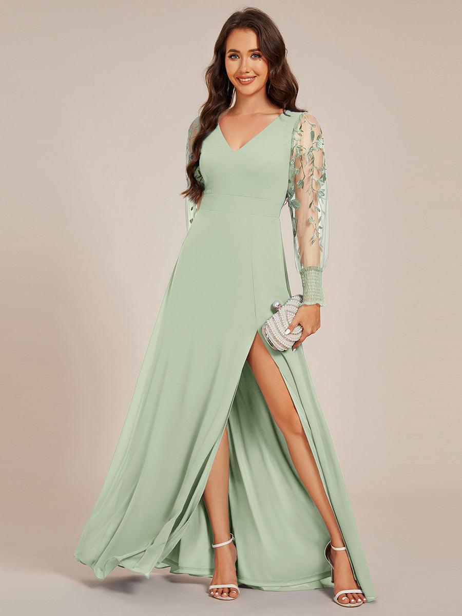 Robe de soirée transparente en mousseline à manches longues #Couleur_Menthe Verte
