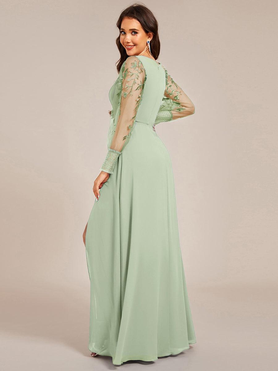 Robe de soirée transparente en mousseline à manches longues #Couleur_Menthe Verte
