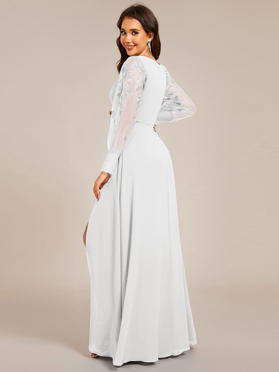 Robe D'invité De Mariage En Mousseline De Soie Mi-Longue Plissée à Manches à Volants Et Col En V  #Couleur_Blanc