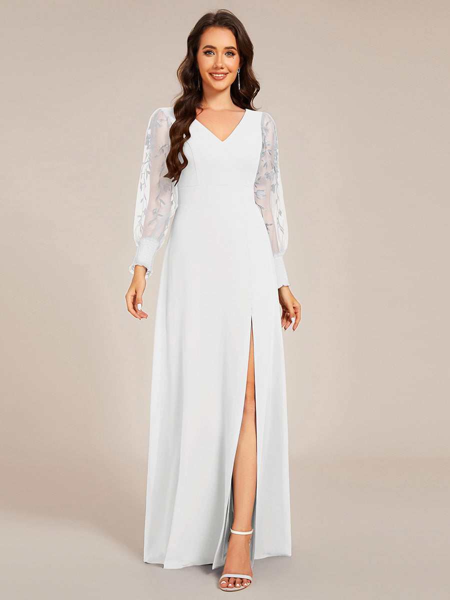 Robe D'invité De Mariage En Mousseline De Soie Mi-Longue Plissée à Manches à Volants Et Col En V #Couleur_Blanc