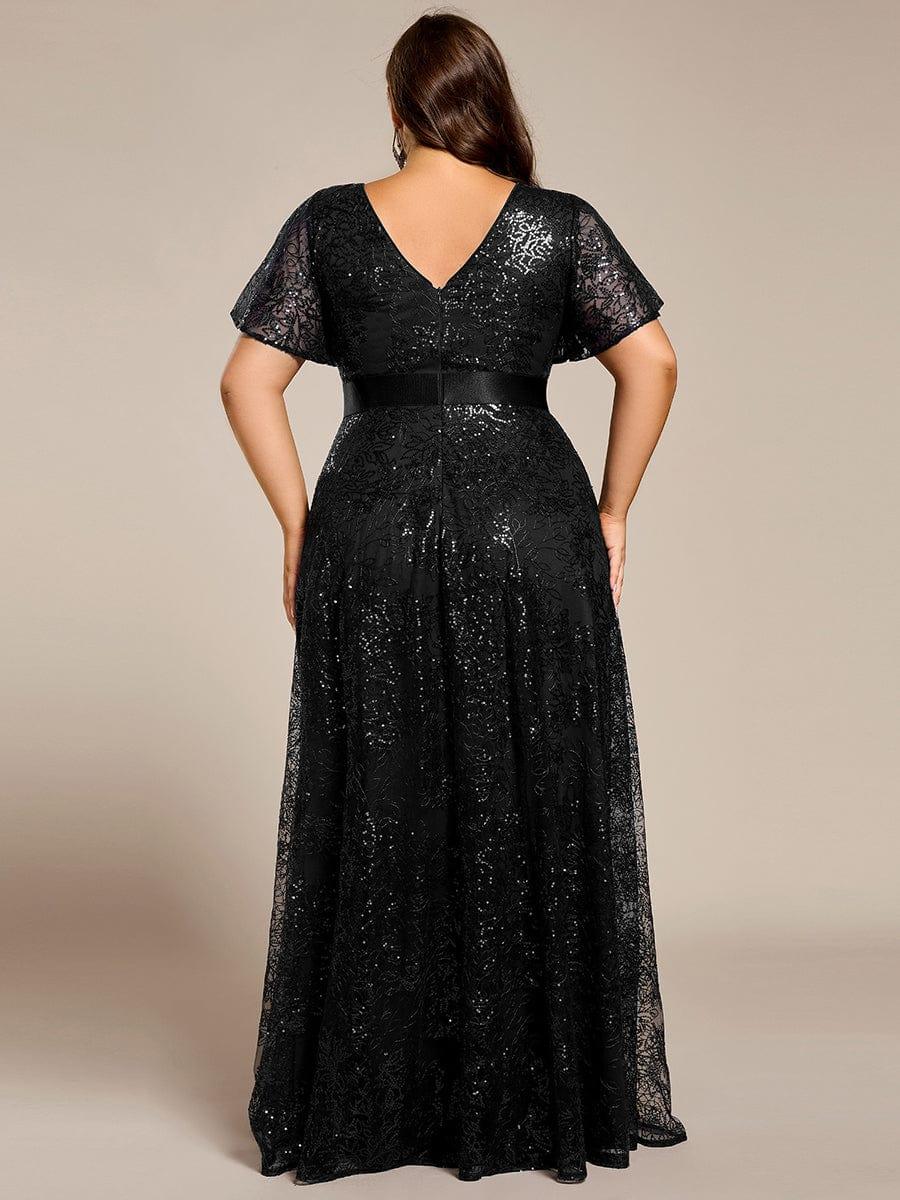 Robe de soirée longue à paillettes et manches courtes grande taille #Couleur_Noir