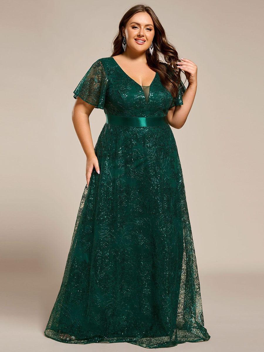Robe de soirée longue à paillettes et manches courtes grande taille #Couleur_Vert Fonce