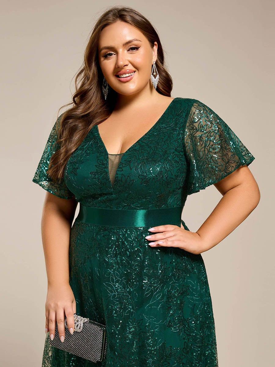Robe de soirée longue à paillettes et manches courtes grande taille #Couleur_Vert Fonce