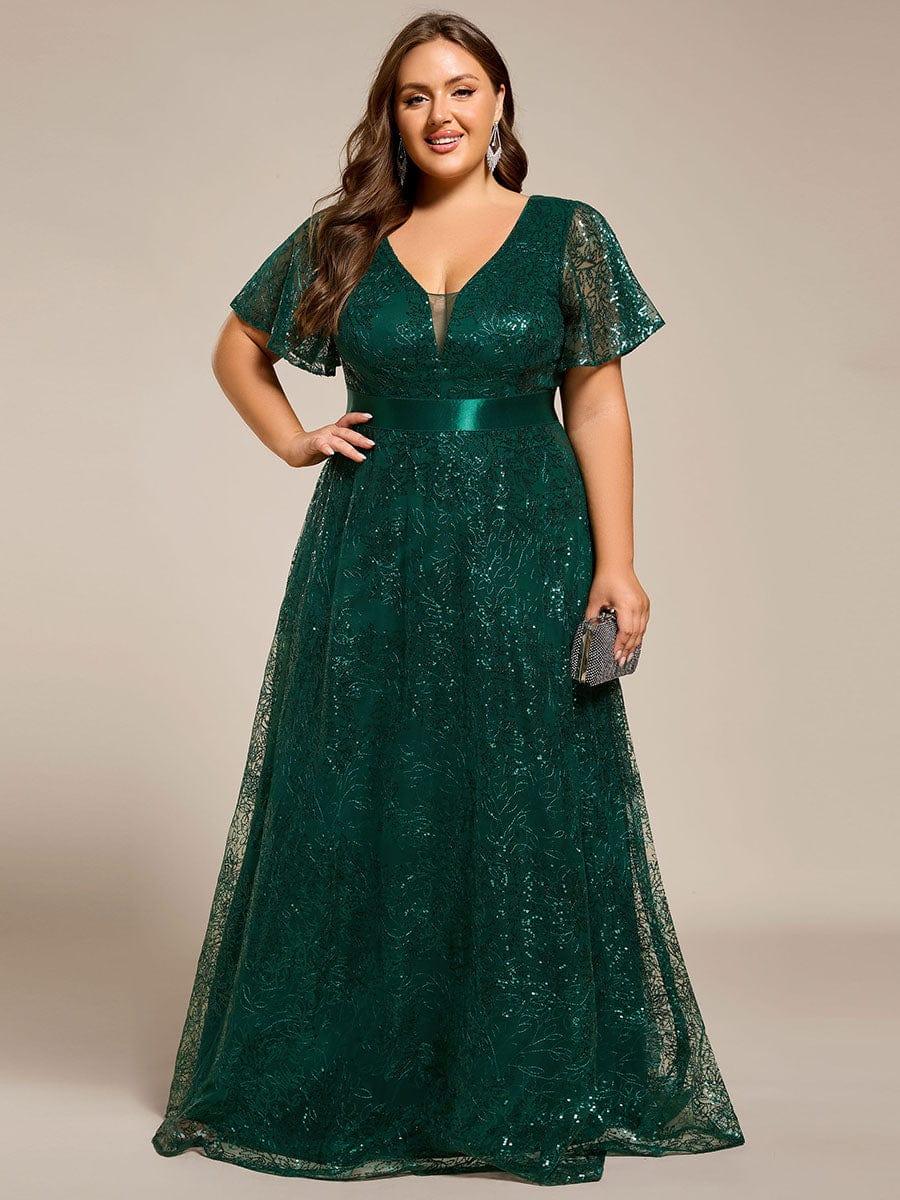 Robe de soirée longue à paillettes et manches courtes grande taille #Couleur_Vert Fonce