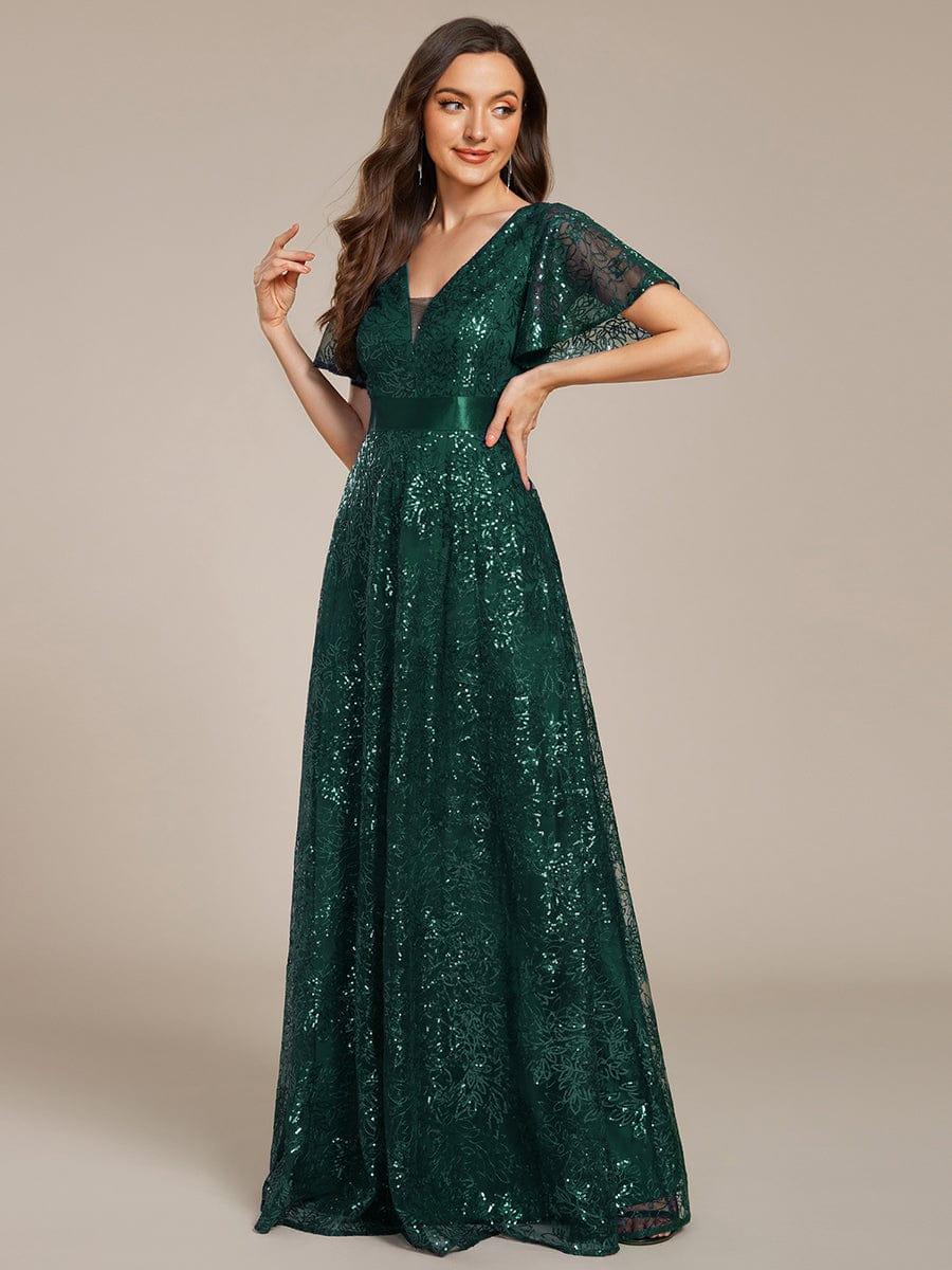 Robe longue de soirée à sequins et manches courtes à col en V Illusion #Couleur_Vert Fonce