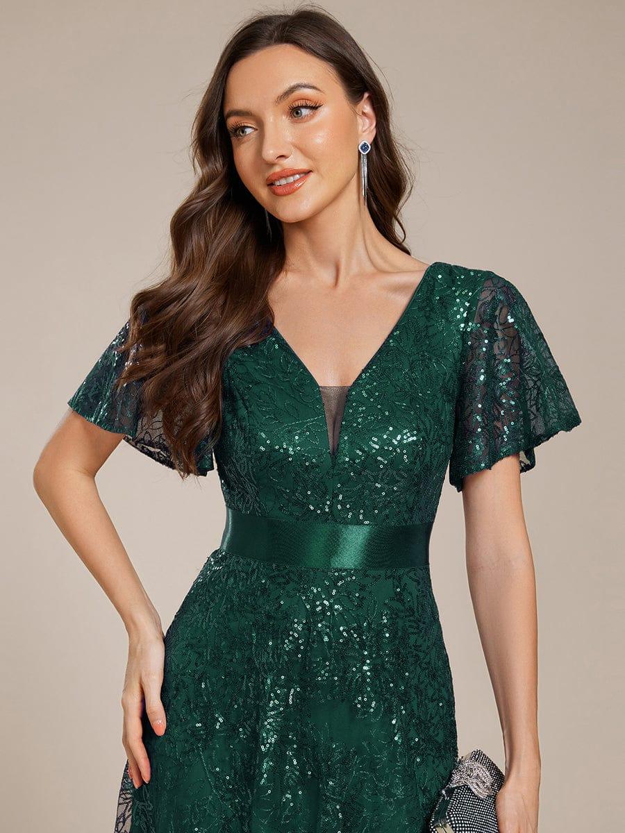 Robe longue de soirée à sequins et manches courtes à col en V Illusion #Couleur_Vert Fonce