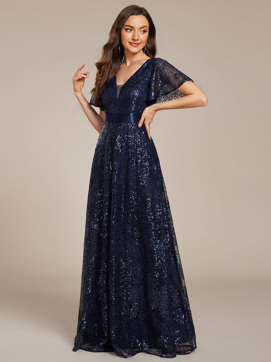 Robe longue de soirée à sequins et manches courtes à col en V Illusion #Couleur_Bleu Marine