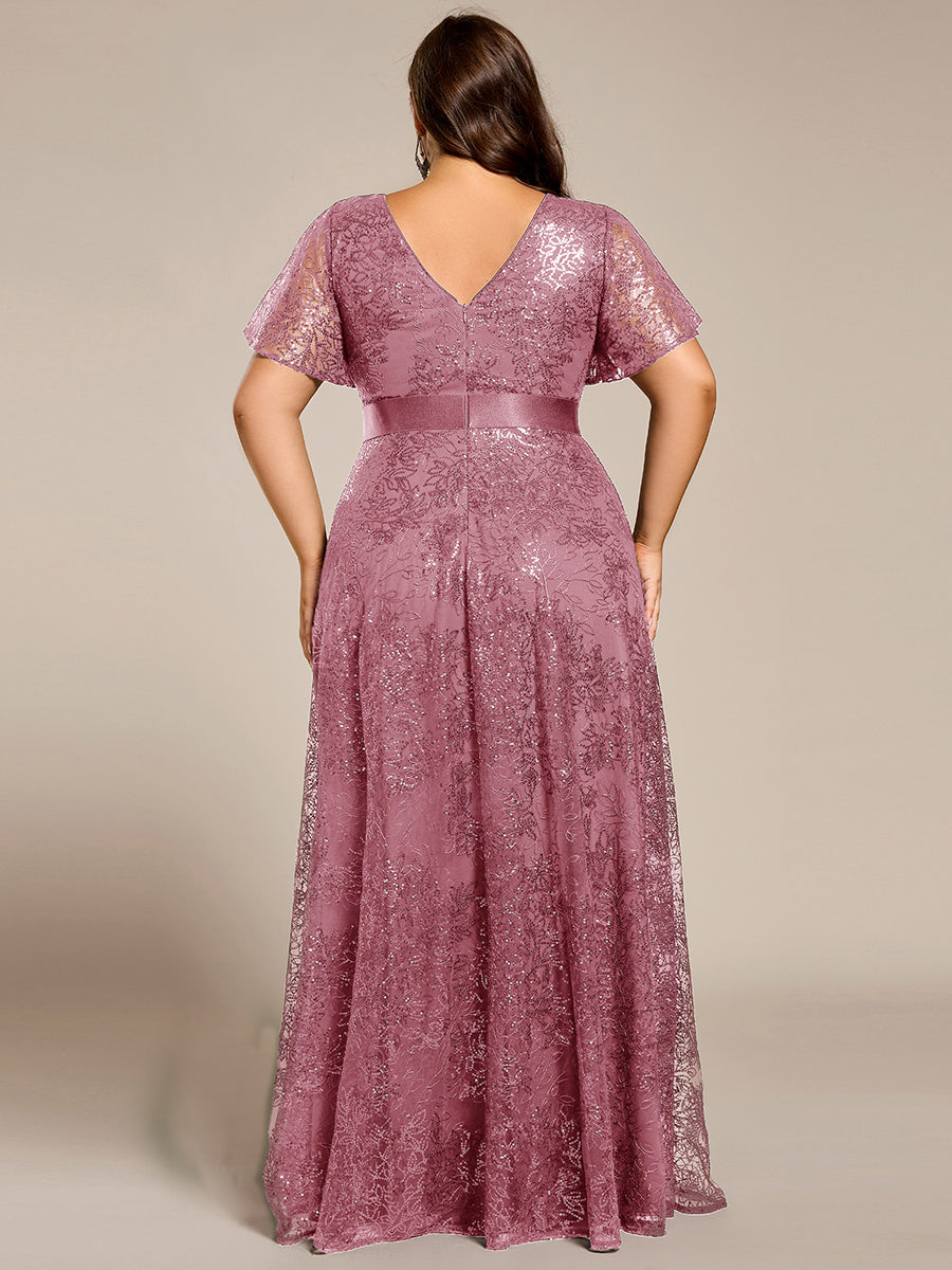 Robe longue de soirée à sequins et manches courtes à col en V Illusion #Couleur_Orchidee