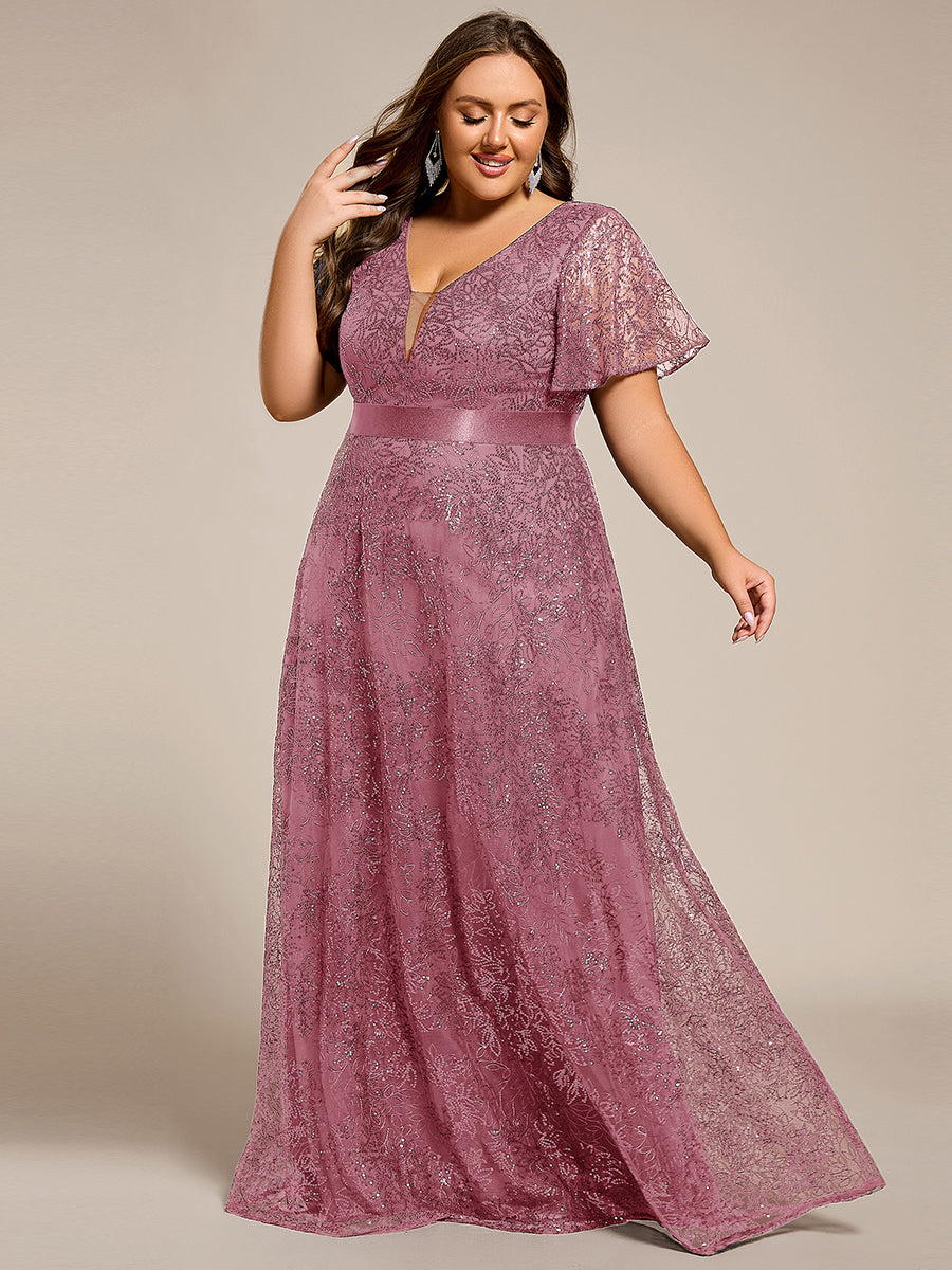 Robe longue de soirée à sequins et manches courtes à col en V Illusion #Couleur_Orchidee
