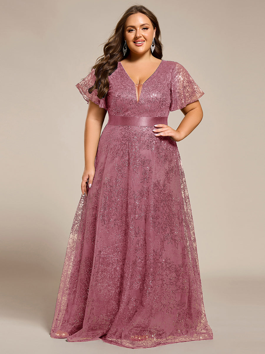 Robe longue de soirée à sequins et manches courtes à col en V Illusion #Couleur_Orchidee