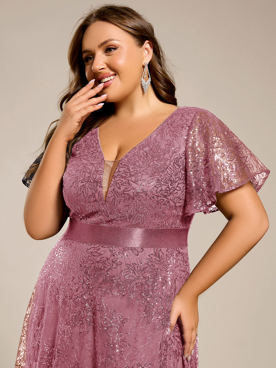 Robe longue de soirée à sequins et manches courtes à col en V Illusion #Couleur_Orchidee