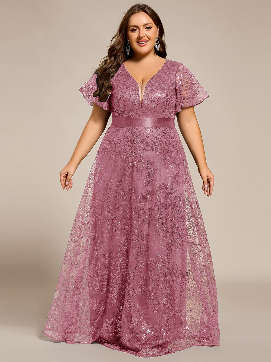 Robe longue de soirée à sequins et manches courtes à col en V Illusion #Couleur_Orchidee