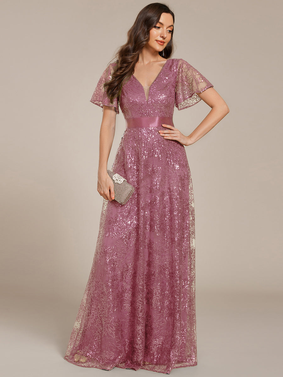 Robe longue de soirée à sequins et manches courtes à col en V Illusion #Couleur_Orchidee