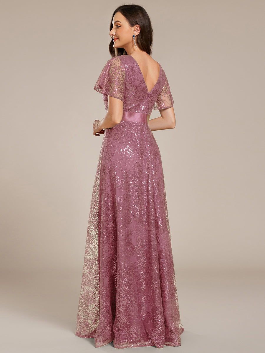 Robe longue de soirée à sequins et manches courtes à col en V Illusion #Couleur_Orchidee