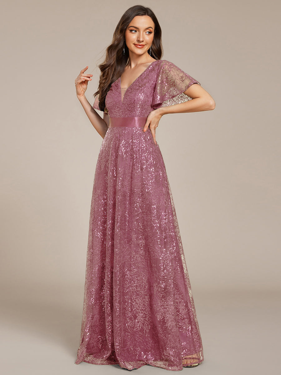Robe longue de soirée à sequins et manches courtes à col en V Illusion #Couleur_Orchidee