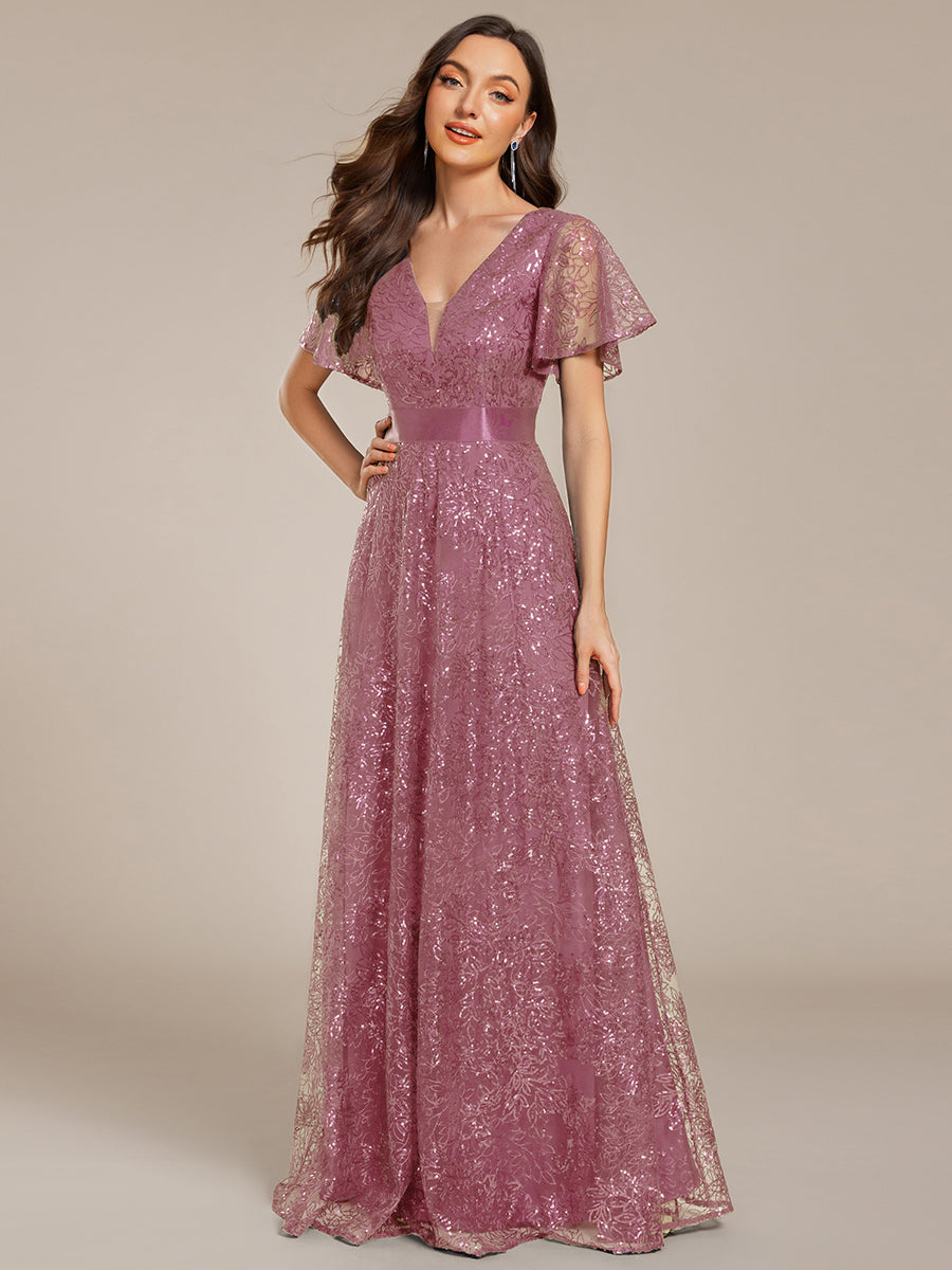 Robe longue de soirée à sequins et manches courtes à col en V Illusion #Couleur_Orchidee