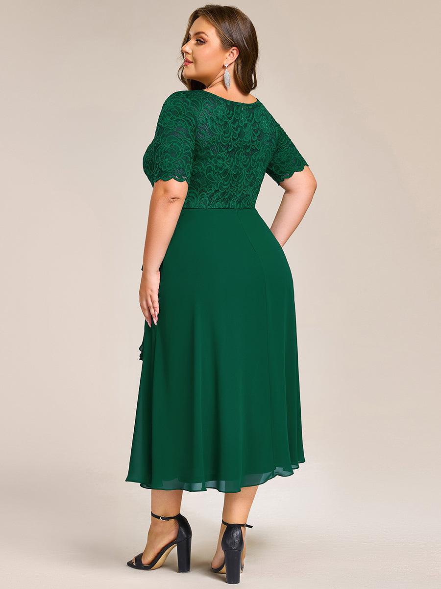 Robe de soirée trapèze fendue à manches courtes et col rond avec haut en dentelle grande taille #Couleur_Vert Fonce