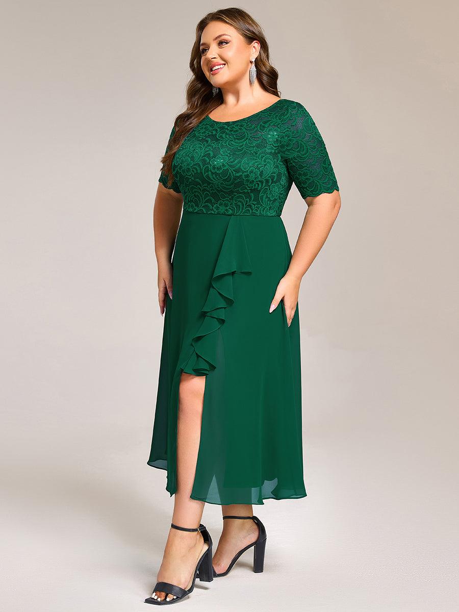 Robe de soirée trapèze fendue à manches courtes et col rond avec haut en dentelle grande taille #Couleur_Vert Fonce