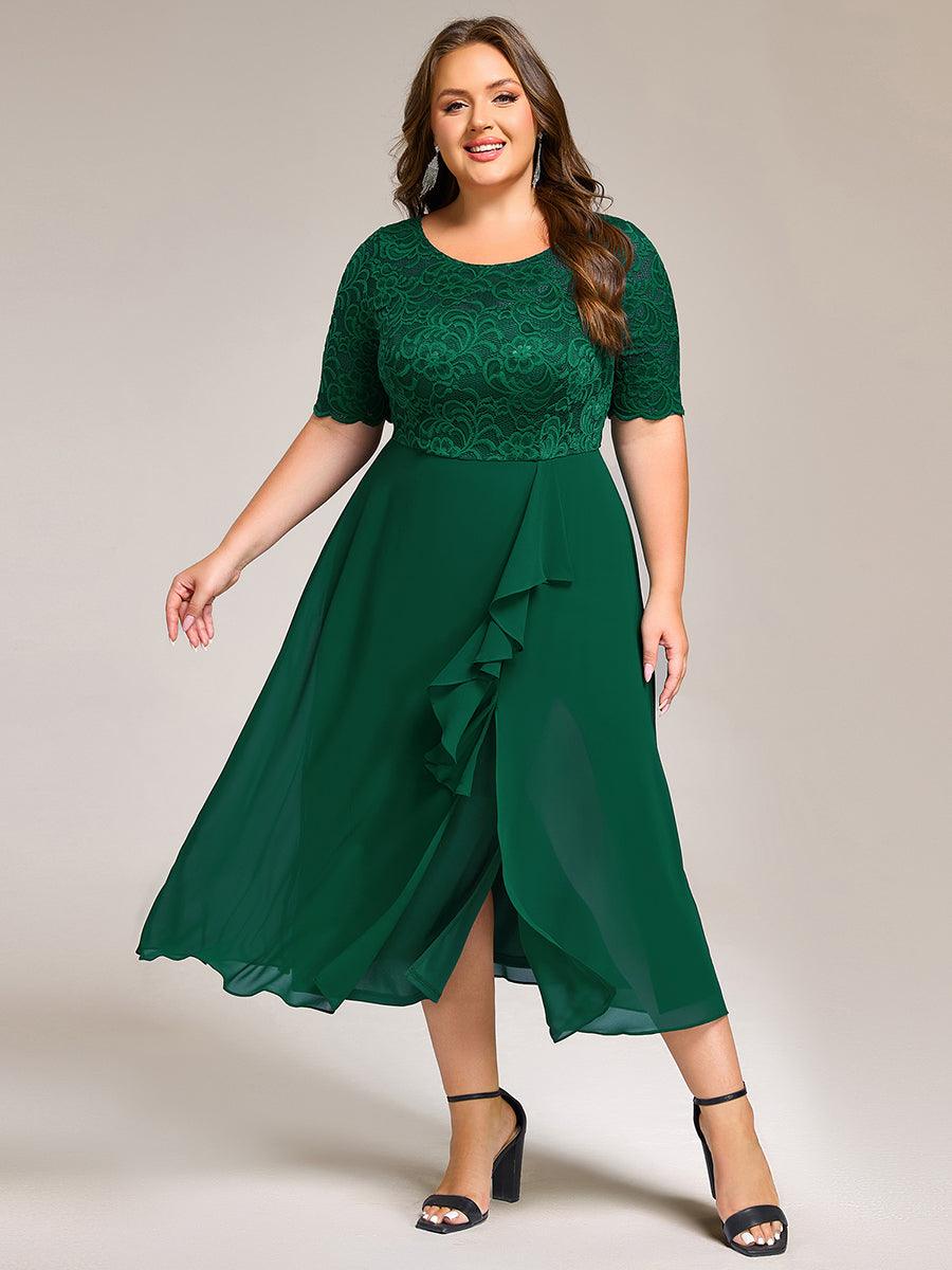 Robe de soirée trapèze fendue à manches courtes et col rond avec haut en dentelle grande taille #Couleur_Vert Fonce