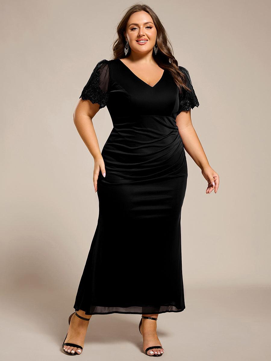 Robe de soirée grande taille à manches courtes et col en V avec perles #Couleur_Noir