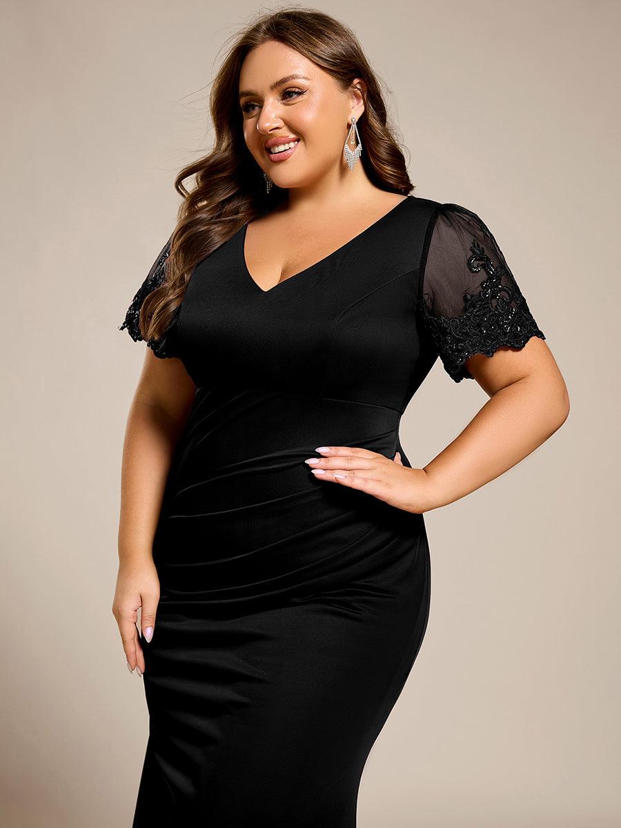 Robe de soirée grande taille à manches courtes et col en V avec perles #Couleur_Noir