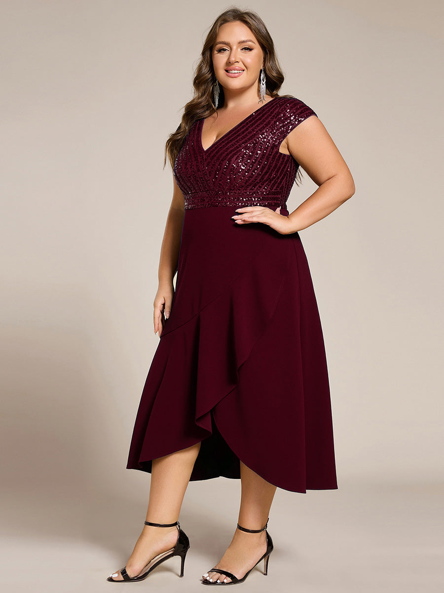 Robe de soirée mi-longue à manches courtes en mousseline asymétrique à sequins #Couleur_Bordeaux