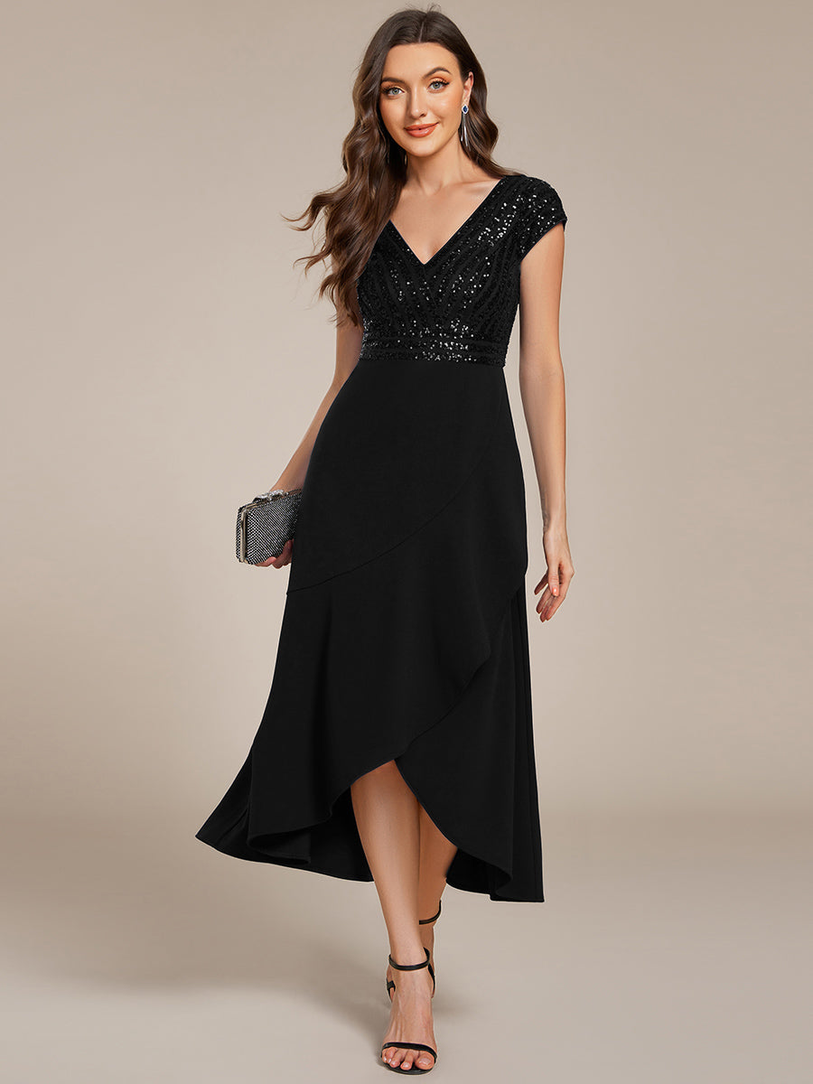 Robe de soirée mi-longue à manches courtes en mousseline asymétrique à sequins #Couleur_Noir