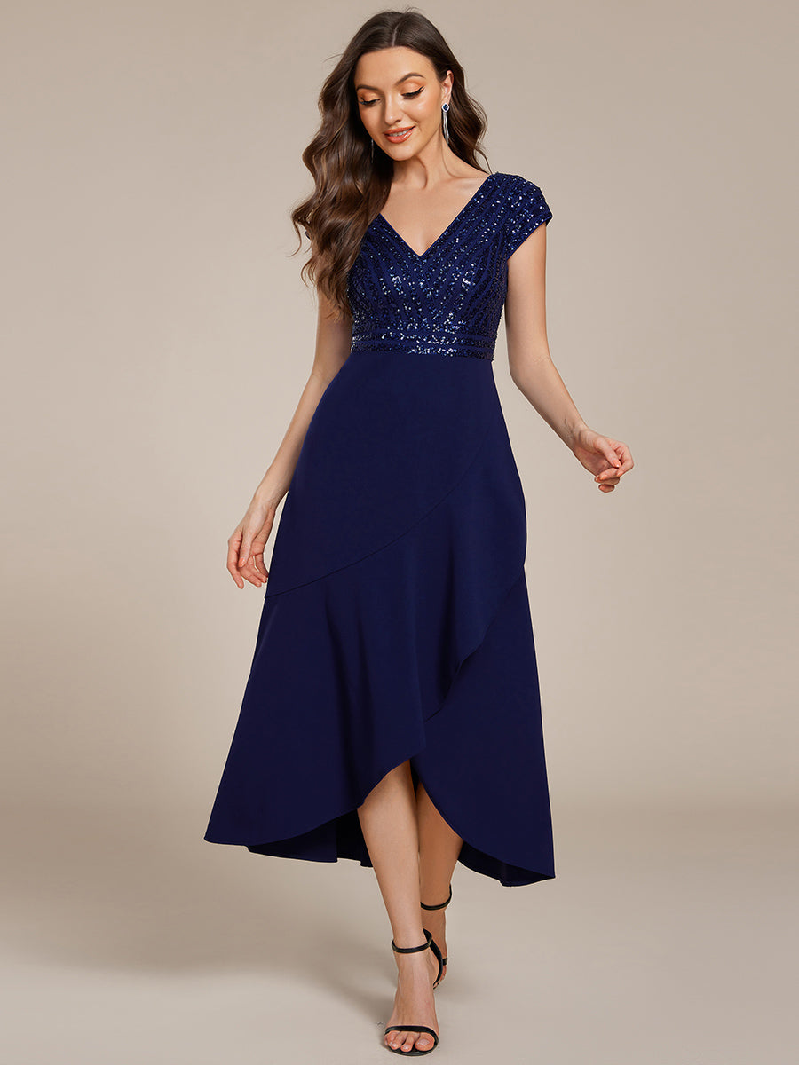 Robe de soirée mi-longue à manches courtes en mousseline asymétrique à sequins #Couleur_Bleu Marine