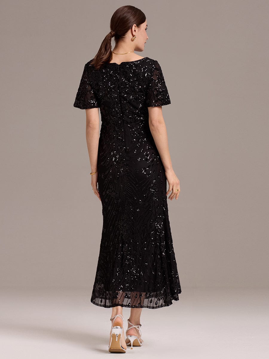 Robe d'invité de mariage trapèze en mousseline fluide à encolure ronde et longueur au genou #Couleur_Noir