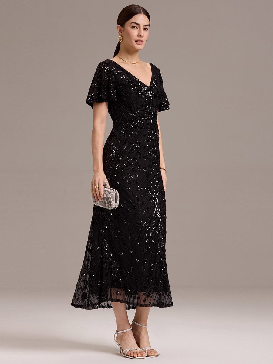 Robe d'invité de mariage trapèze en mousseline fluide à encolure ronde et longueur au genou #Couleur_Noir