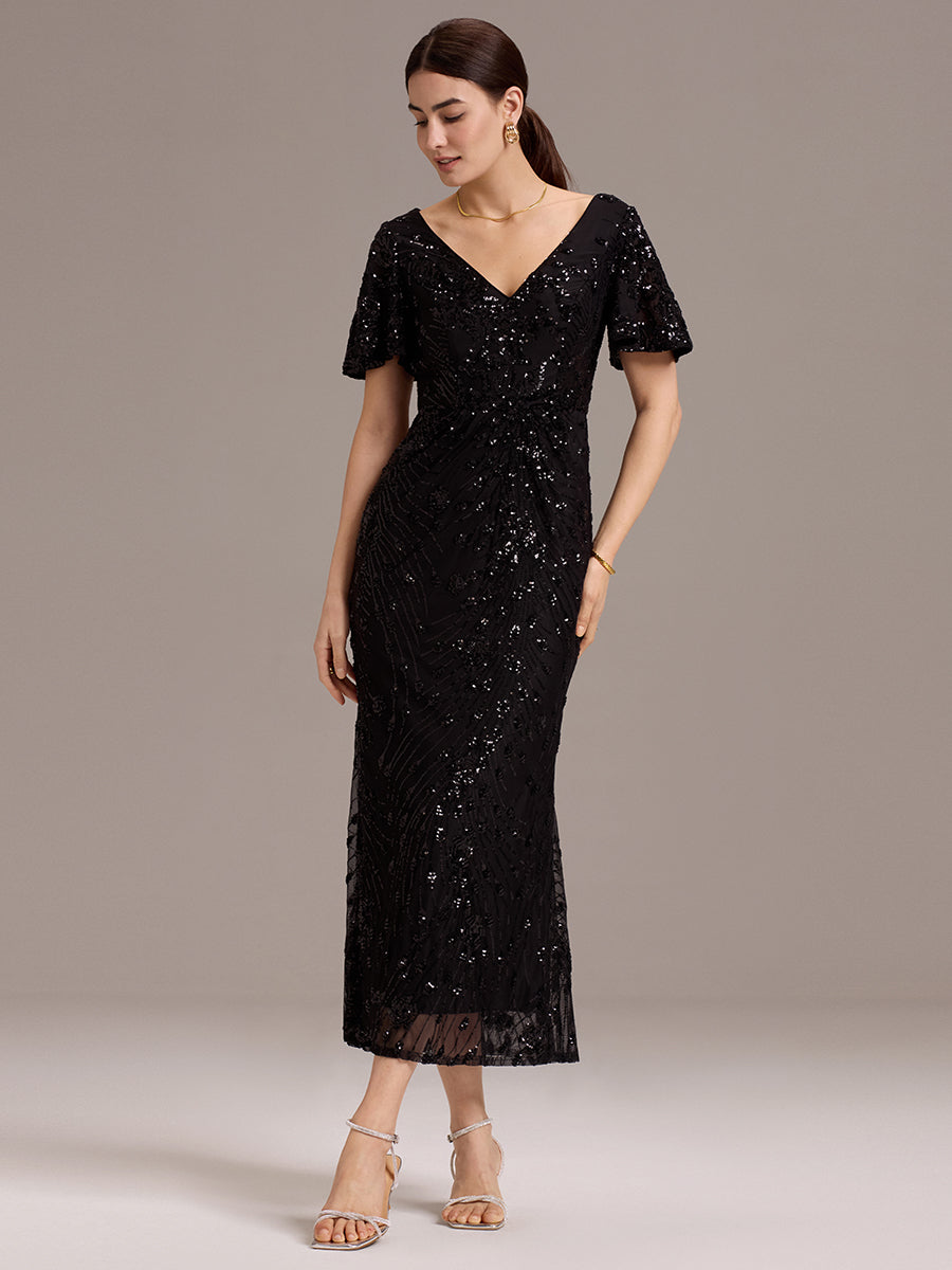 Robe d'invité de mariage trapèze en mousseline fluide à encolure ronde et longueur au genou #Couleur_Noir