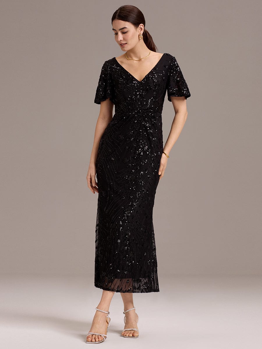 Robe d'invité de mariage trapèze en mousseline fluide à encolure ronde et longueur au genou #Couleur_Noir
