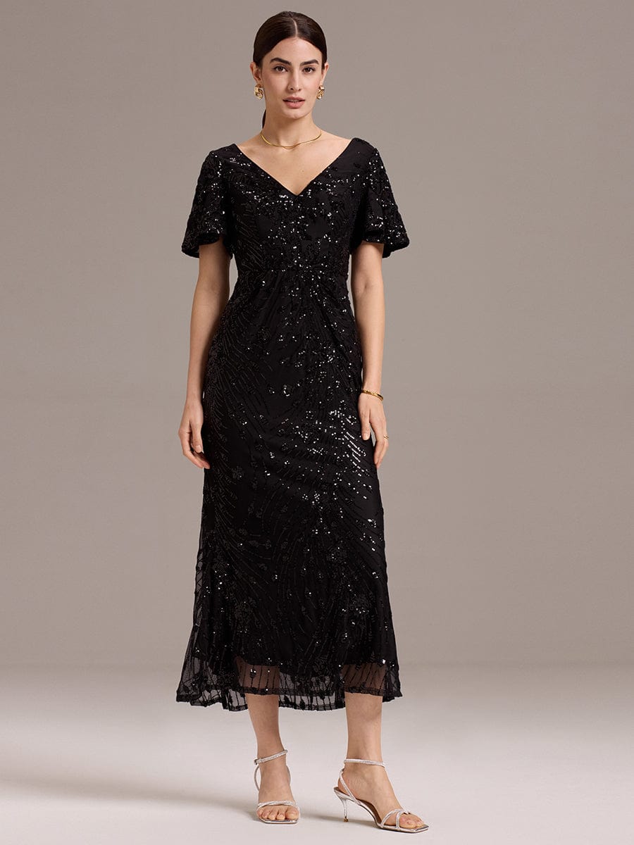 Robe d'invité de mariage trapèze en mousseline fluide à encolure ronde et longueur au genou #Couleur_Noir