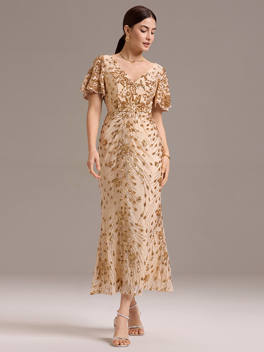 Robe d'invité de mariage trapèze en mousseline fluide à encolure ronde et longueur au genou #Couleur_Dorée