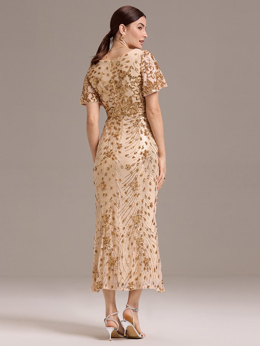 Robe d'invité de mariage trapèze en mousseline fluide à encolure ronde et longueur au genou #Couleur_Or