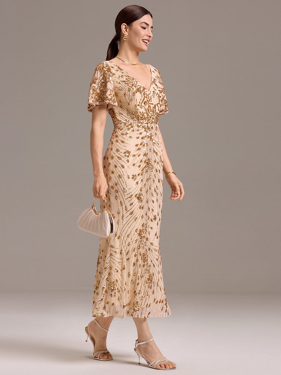 Robe d'invité de mariage trapèze en mousseline fluide à encolure ronde et longueur au genou #Couleur_Or
