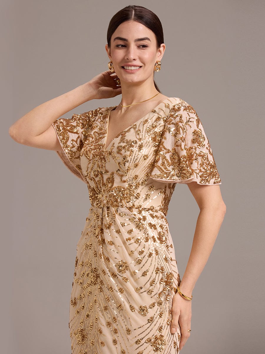 Robe d'invité de mariage trapèze en mousseline fluide à encolure ronde et longueur au genou #Couleur_Or