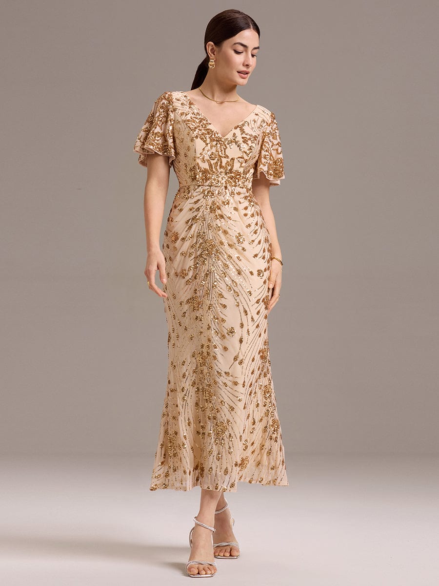 Robe d'invité de mariage trapèze en mousseline fluide à encolure ronde et longueur au genou #Couleur_Dorée