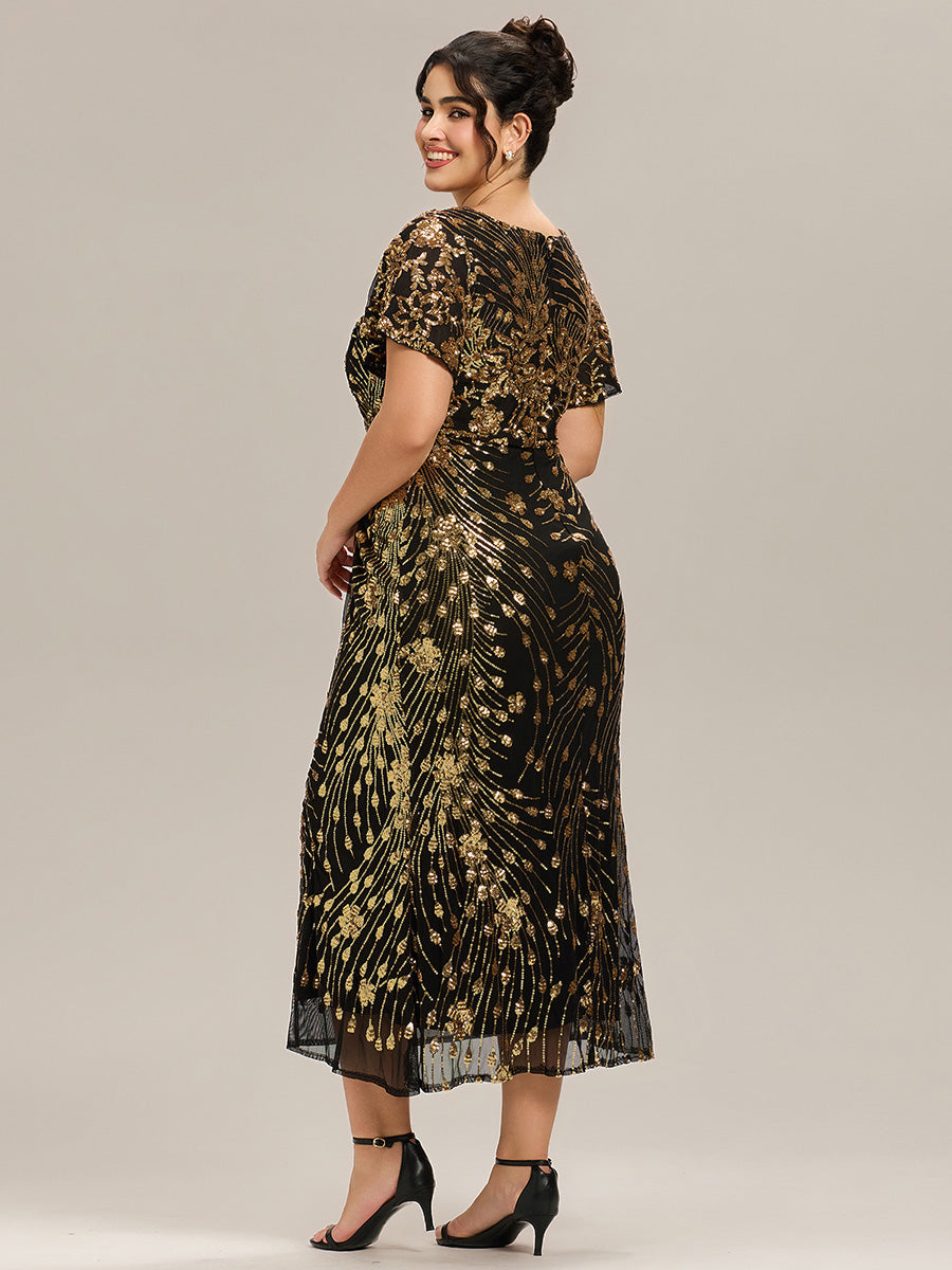 Robe D'invité De Mariage En Mousseline De Soie Mi-Longue Plissée à Manches à Volants Et Col En V #Couleur_Noir & Or