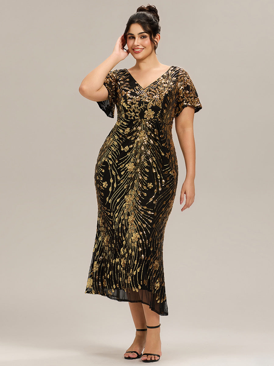 Robe D'invité De Mariage En Mousseline De Soie Mi-Longue Plissée à Manches à Volants Et Col En V #Couleur_Noir & Or
