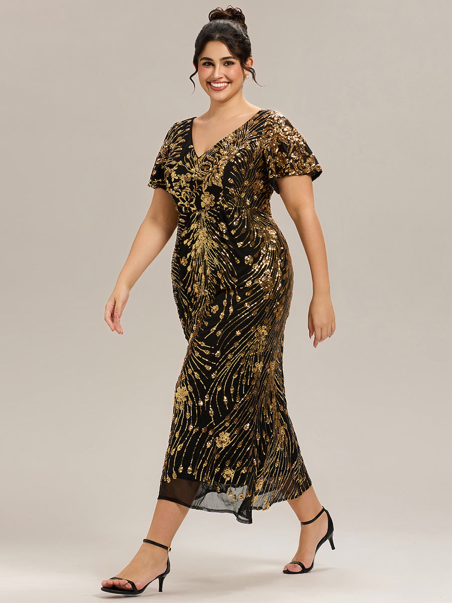 Robe D'invité De Mariage En Mousseline De Soie Mi-Longue Plissée à Manches à Volants Et Col En V #Couleur_Noir & Or