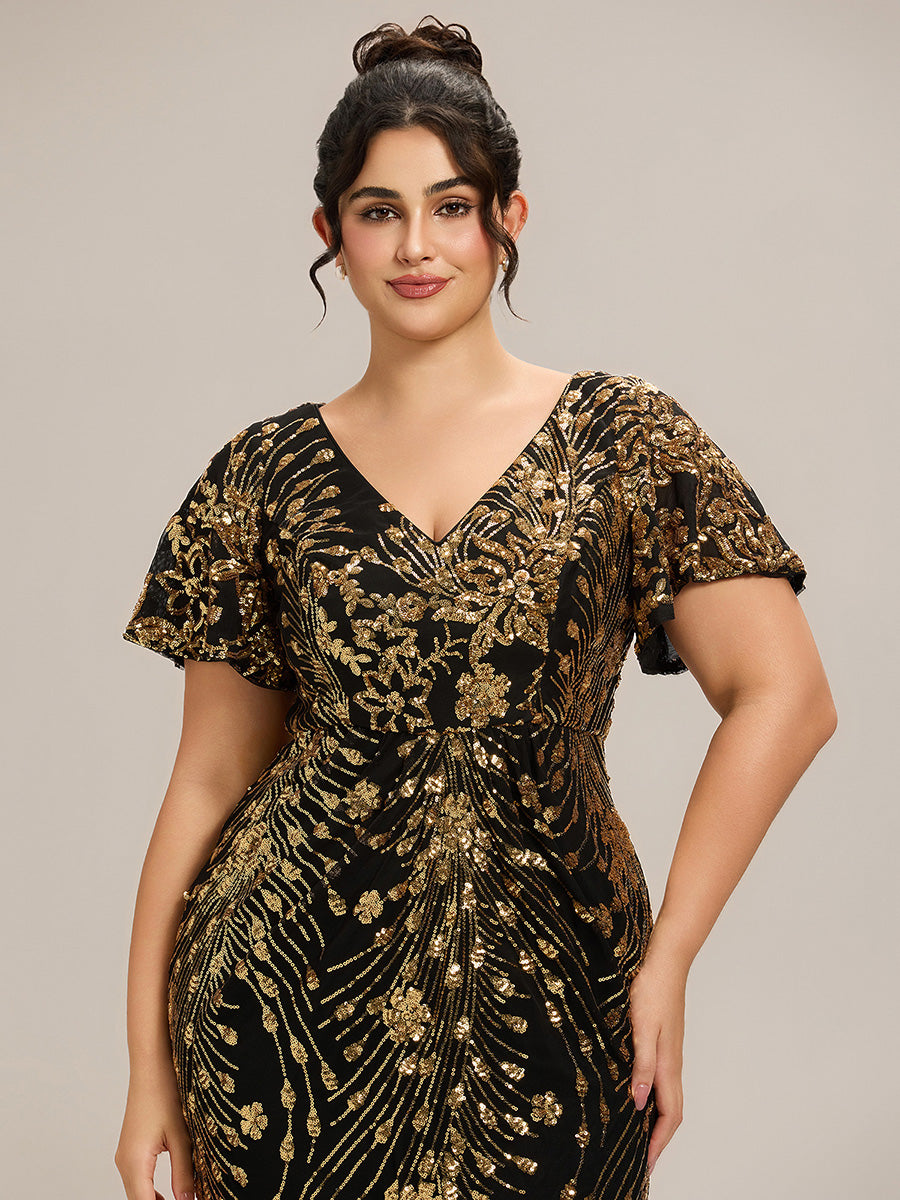 Robe D'invité De Mariage En Mousseline De Soie Mi-Longue Plissée à Manches à Volants Et Col En V #Couleur_Noir & Or