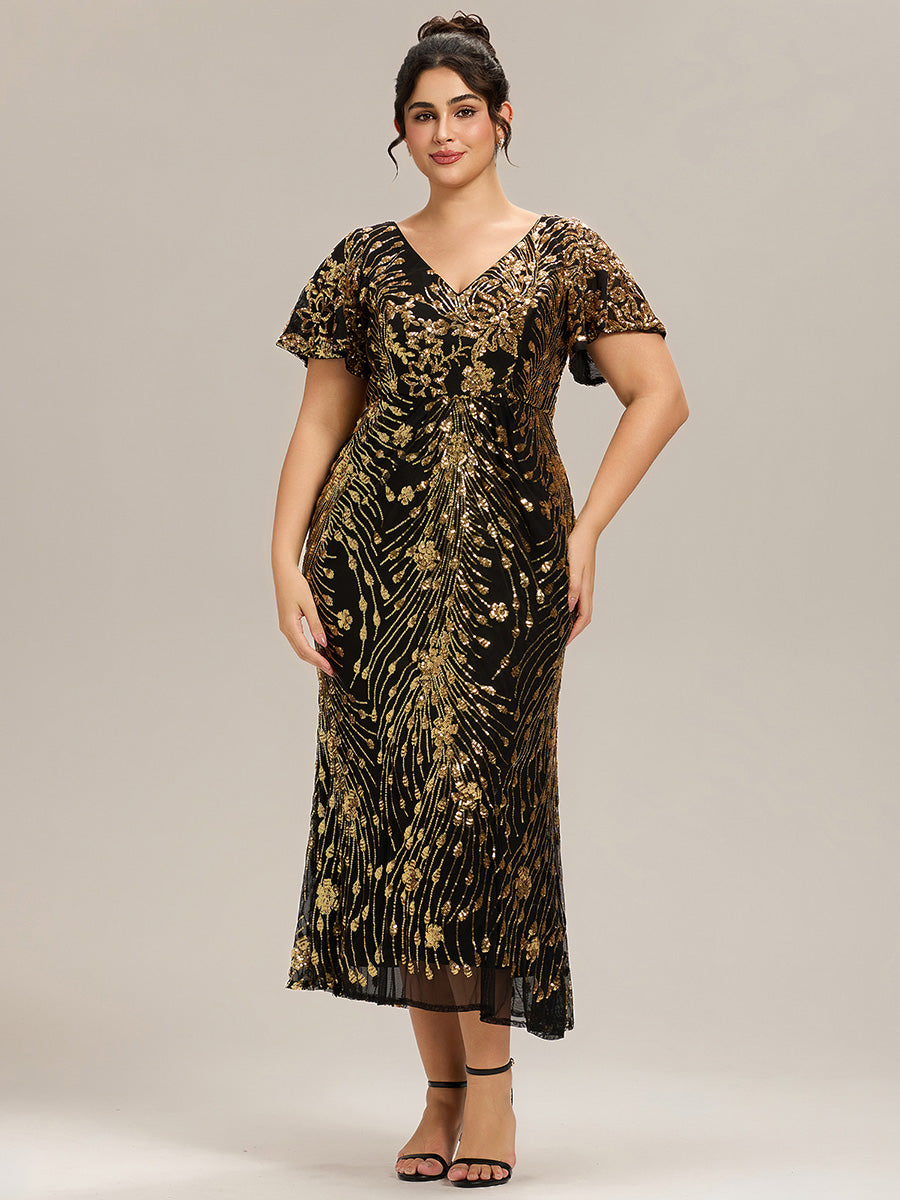 Robe D'invité De Mariage En Mousseline De Soie Mi-Longue Plissée à Manches à Volants Et Col En V #Couleur_Noir & Or