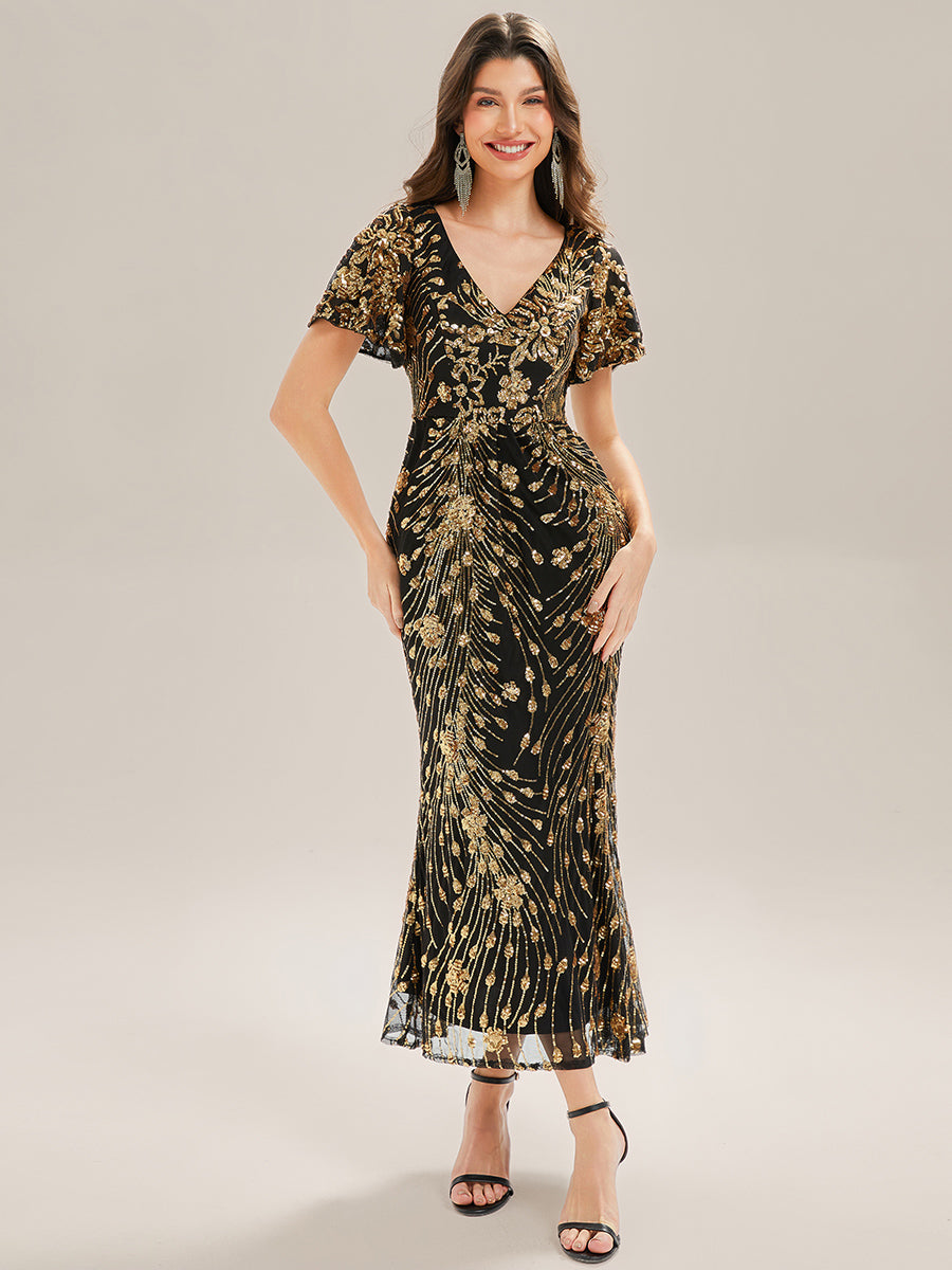 Robe D'invité De Mariage En Mousseline De Soie Mi-Longue Plissée à Manches à Volants Et Col En V #Couleur_Noir & Or